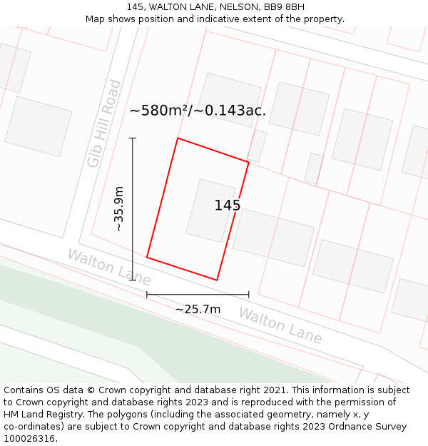 145, WALTON LANE, NELSON, BB9 8BH: Plot and title map