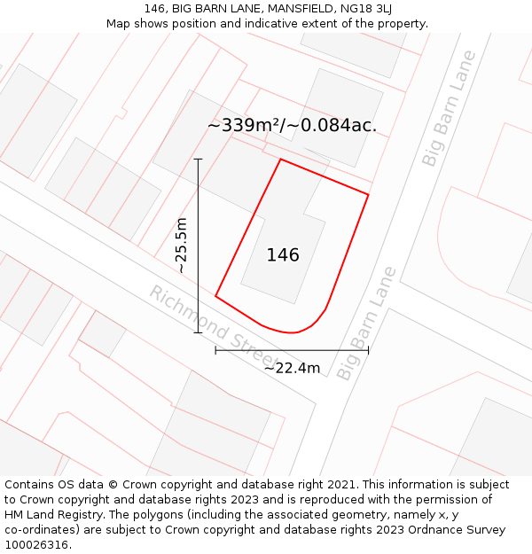 146, BIG BARN LANE, MANSFIELD, NG18 3LJ: Plot and title map