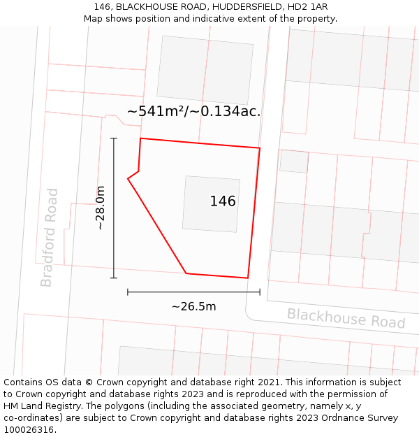 146, BLACKHOUSE ROAD, HUDDERSFIELD, HD2 1AR: Plot and title map