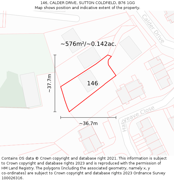 146, CALDER DRIVE, SUTTON COLDFIELD, B76 1GG: Plot and title map