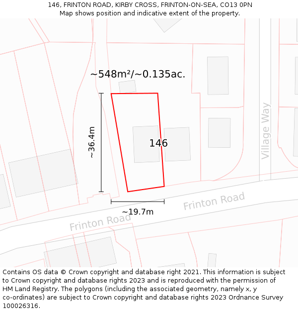 146, FRINTON ROAD, KIRBY CROSS, FRINTON-ON-SEA, CO13 0PN: Plot and title map