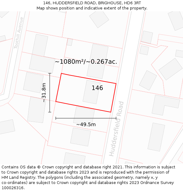 146, HUDDERSFIELD ROAD, BRIGHOUSE, HD6 3RT: Plot and title map