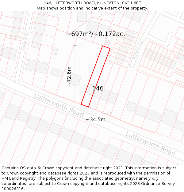 146, LUTTERWORTH ROAD, NUNEATON, CV11 6PE: Plot and title map