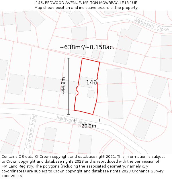 146, REDWOOD AVENUE, MELTON MOWBRAY, LE13 1UF: Plot and title map