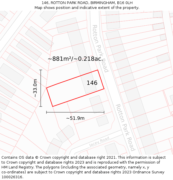 146, ROTTON PARK ROAD, BIRMINGHAM, B16 0LH: Plot and title map