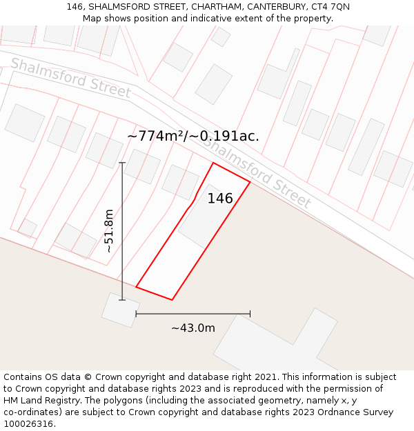 146, SHALMSFORD STREET, CHARTHAM, CANTERBURY, CT4 7QN: Plot and title map