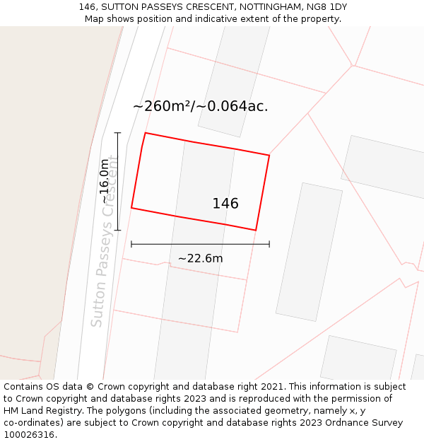 146, SUTTON PASSEYS CRESCENT, NOTTINGHAM, NG8 1DY: Plot and title map