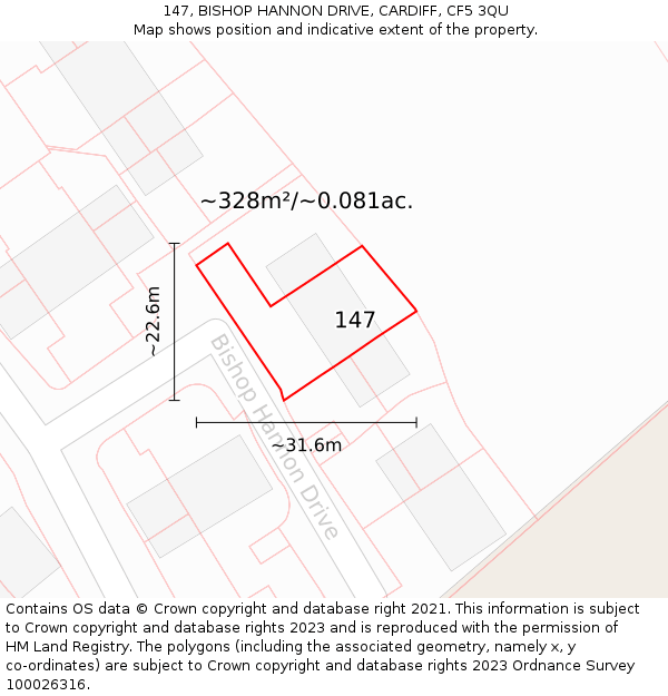 147, BISHOP HANNON DRIVE, CARDIFF, CF5 3QU: Plot and title map