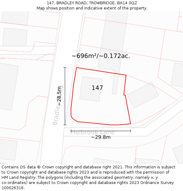 147, BRADLEY ROAD, TROWBRIDGE, BA14 0QZ: Plot and title map