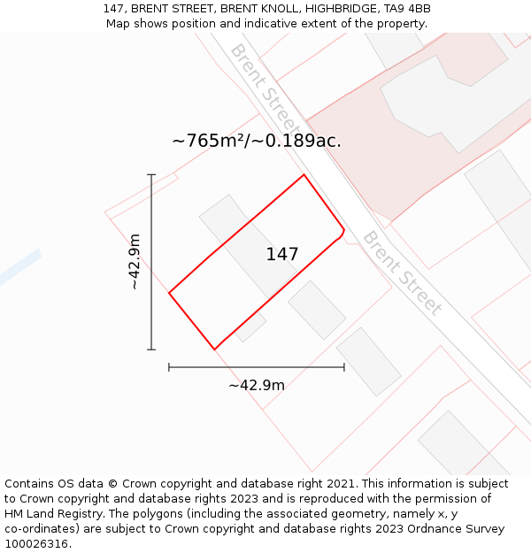 147, BRENT STREET, BRENT KNOLL, HIGHBRIDGE, TA9 4BB: Plot and title map