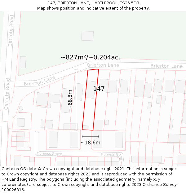 147, BRIERTON LANE, HARTLEPOOL, TS25 5DR: Plot and title map