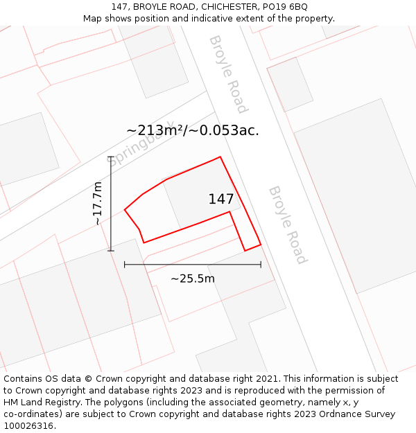 147, BROYLE ROAD, CHICHESTER, PO19 6BQ: Plot and title map