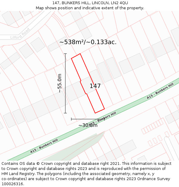 147, BUNKERS HILL, LINCOLN, LN2 4QU: Plot and title map