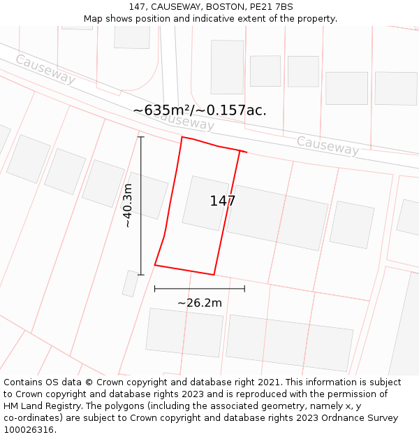 147, CAUSEWAY, BOSTON, PE21 7BS: Plot and title map