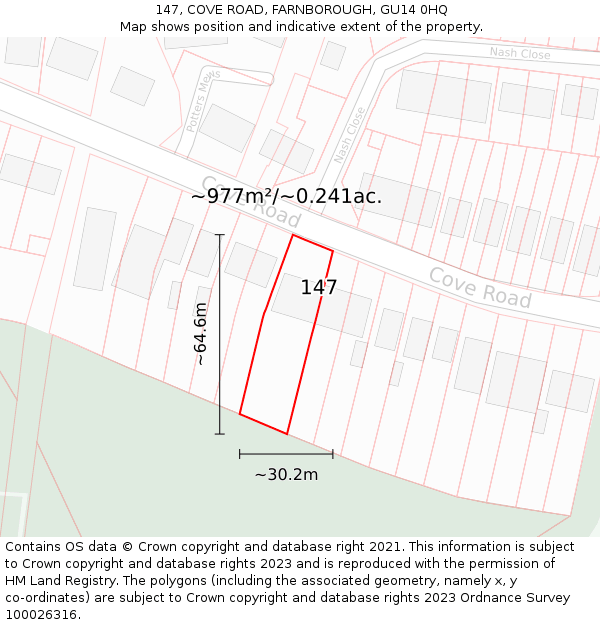 147, COVE ROAD, FARNBOROUGH, GU14 0HQ: Plot and title map