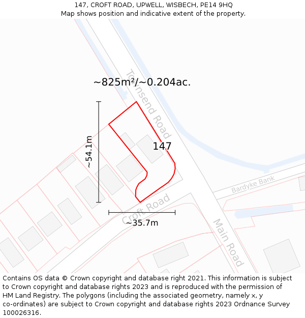 147, CROFT ROAD, UPWELL, WISBECH, PE14 9HQ: Plot and title map