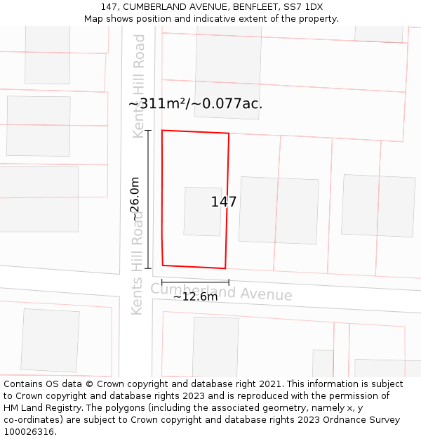 147, CUMBERLAND AVENUE, BENFLEET, SS7 1DX: Plot and title map