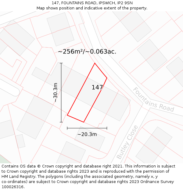 147, FOUNTAINS ROAD, IPSWICH, IP2 9SN: Plot and title map