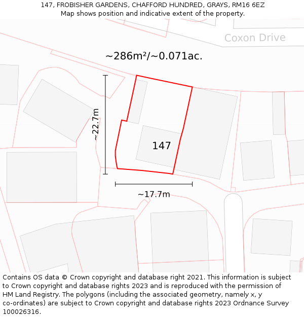 147, FROBISHER GARDENS, CHAFFORD HUNDRED, GRAYS, RM16 6EZ: Plot and title map