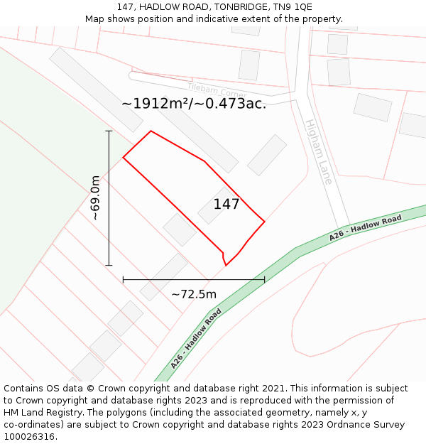 147, HADLOW ROAD, TONBRIDGE, TN9 1QE: Plot and title map