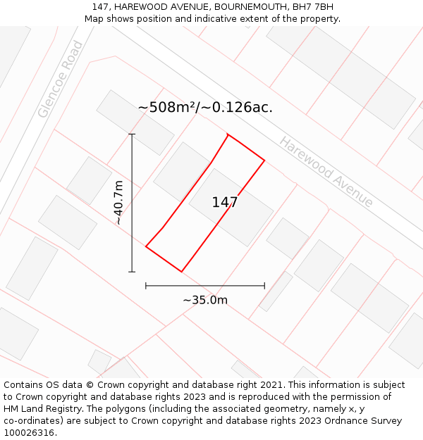 147, HAREWOOD AVENUE, BOURNEMOUTH, BH7 7BH: Plot and title map
