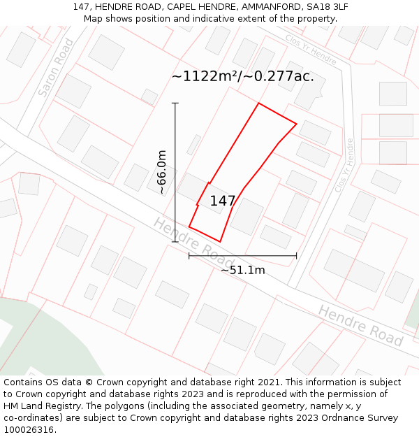 147, HENDRE ROAD, CAPEL HENDRE, AMMANFORD, SA18 3LF: Plot and title map