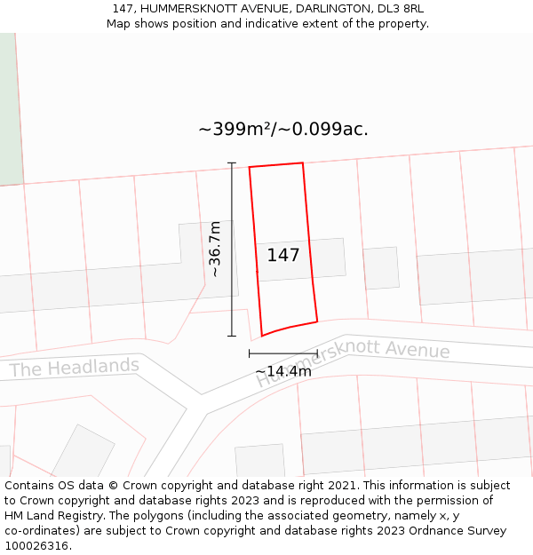 147, HUMMERSKNOTT AVENUE, DARLINGTON, DL3 8RL: Plot and title map