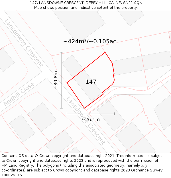 147, LANSDOWNE CRESCENT, DERRY HILL, CALNE, SN11 9QN: Plot and title map