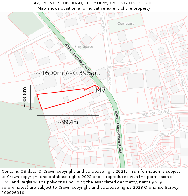 147, LAUNCESTON ROAD, KELLY BRAY, CALLINGTON, PL17 8DU: Plot and title map