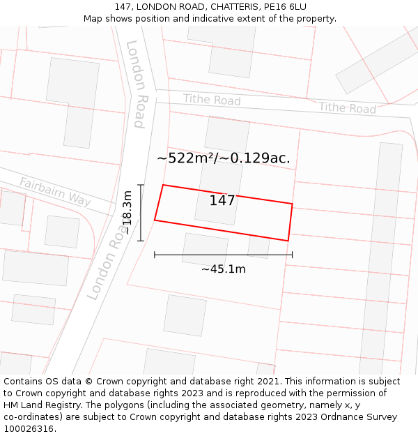 147, LONDON ROAD, CHATTERIS, PE16 6LU: Plot and title map
