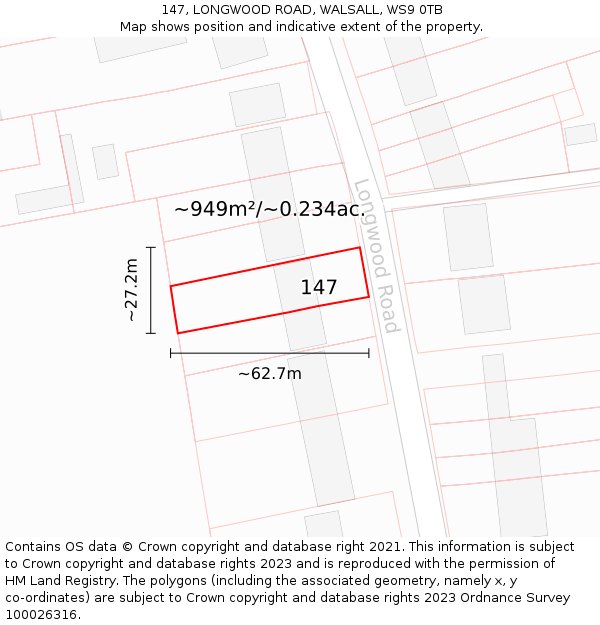147, LONGWOOD ROAD, WALSALL, WS9 0TB: Plot and title map