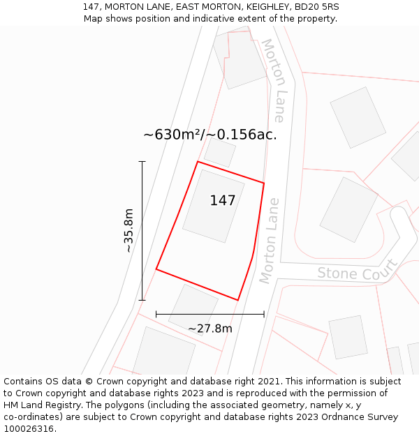 147, MORTON LANE, EAST MORTON, KEIGHLEY, BD20 5RS: Plot and title map