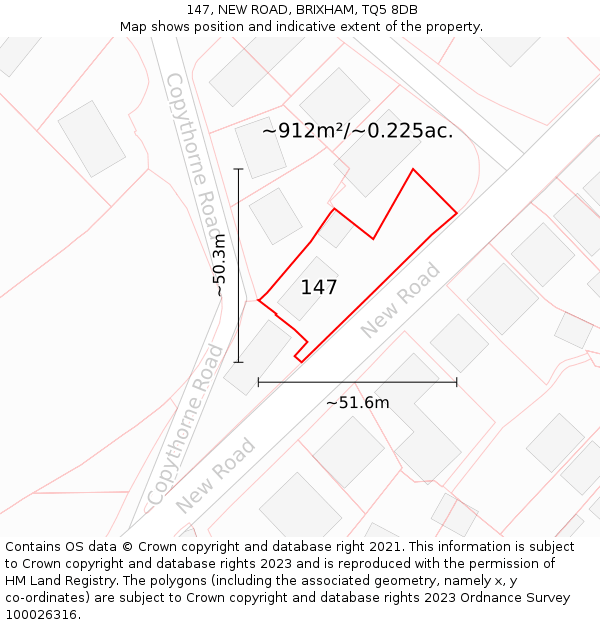 147, NEW ROAD, BRIXHAM, TQ5 8DB: Plot and title map