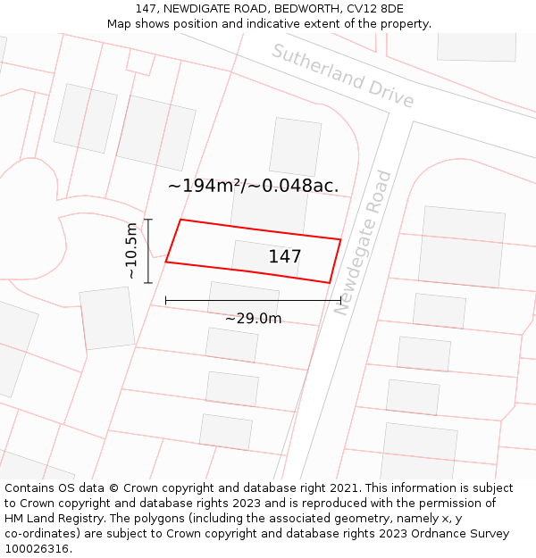 147, NEWDIGATE ROAD, BEDWORTH, CV12 8DE: Plot and title map