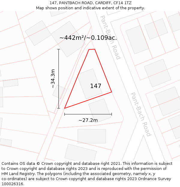 147, PANTBACH ROAD, CARDIFF, CF14 1TZ: Plot and title map