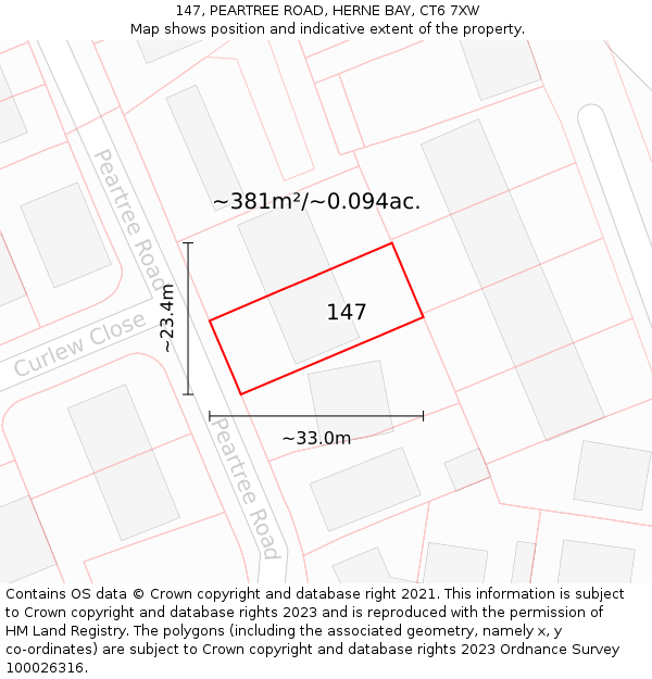 147, PEARTREE ROAD, HERNE BAY, CT6 7XW: Plot and title map