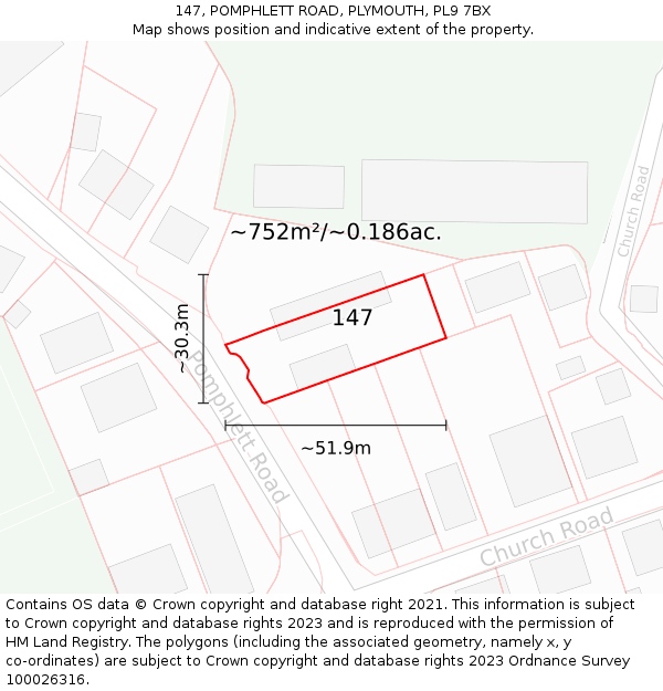 147, POMPHLETT ROAD, PLYMOUTH, PL9 7BX: Plot and title map