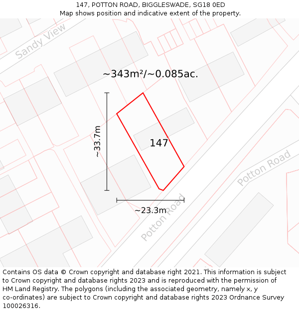 147, POTTON ROAD, BIGGLESWADE, SG18 0ED: Plot and title map