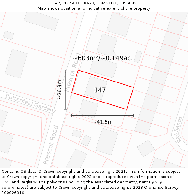147, PRESCOT ROAD, ORMSKIRK, L39 4SN: Plot and title map