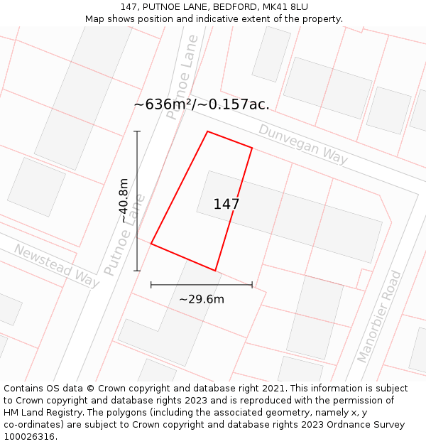 147, PUTNOE LANE, BEDFORD, MK41 8LU: Plot and title map