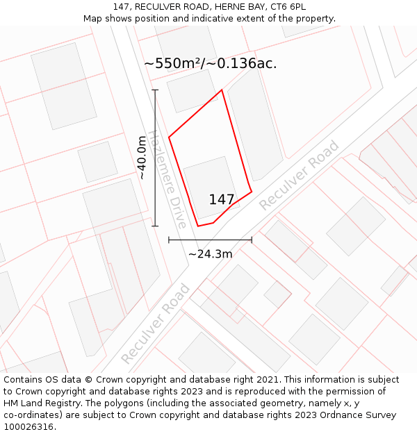 147, RECULVER ROAD, HERNE BAY, CT6 6PL: Plot and title map