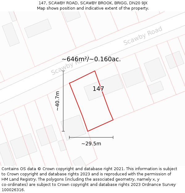 147, SCAWBY ROAD, SCAWBY BROOK, BRIGG, DN20 9JX: Plot and title map