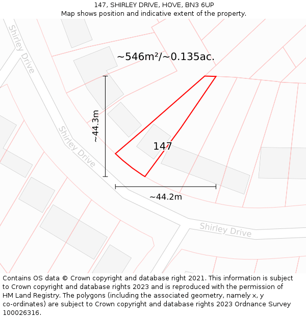 147, SHIRLEY DRIVE, HOVE, BN3 6UP: Plot and title map