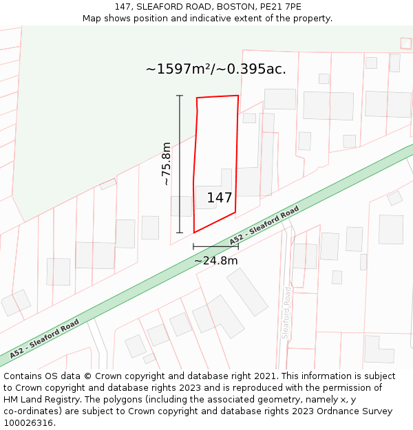 147, SLEAFORD ROAD, BOSTON, PE21 7PE: Plot and title map