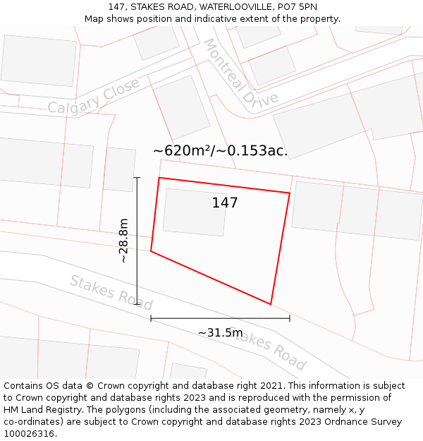 147, STAKES ROAD, WATERLOOVILLE, PO7 5PN: Plot and title map