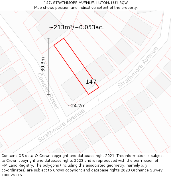 147, STRATHMORE AVENUE, LUTON, LU1 3QW: Plot and title map