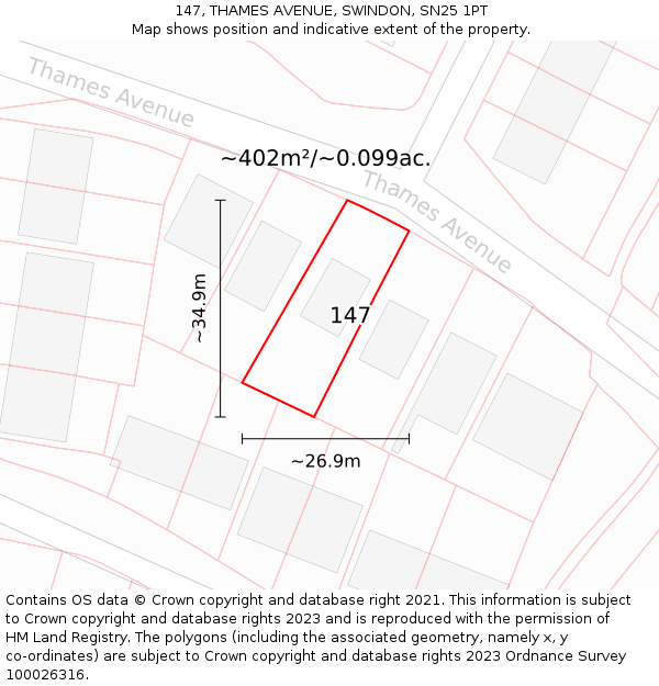 147, THAMES AVENUE, SWINDON, SN25 1PT: Plot and title map