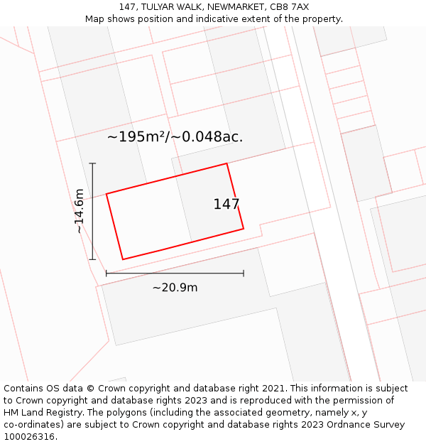 147, TULYAR WALK, NEWMARKET, CB8 7AX: Plot and title map