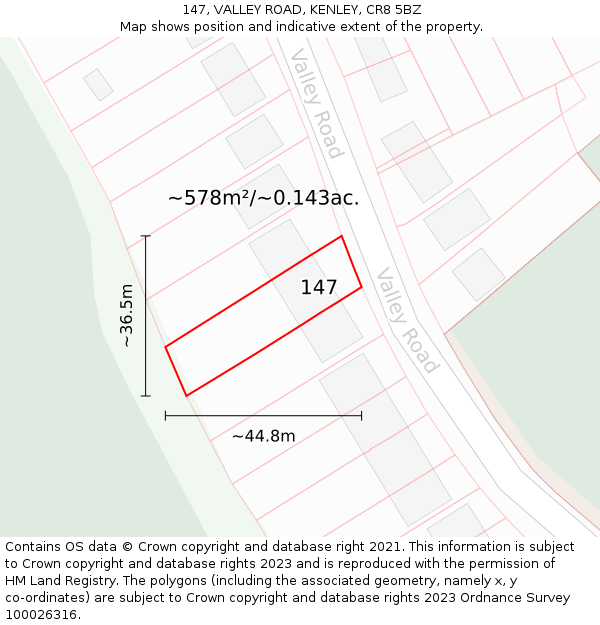 147, VALLEY ROAD, KENLEY, CR8 5BZ: Plot and title map