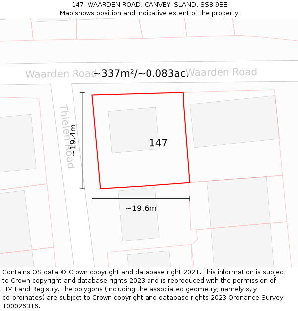 147, WAARDEN ROAD, CANVEY ISLAND, SS8 9BE: Plot and title map